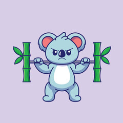 Cute koala Lifting bamboo Barbell Cartoon Vector Icon Illustration Science Sport Icon Concept Isolated Premium Vector. Flat Cartoon Style
