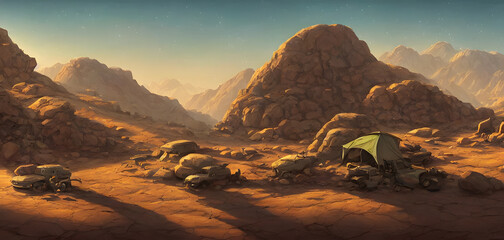 military tents in the landscape, background illustration.