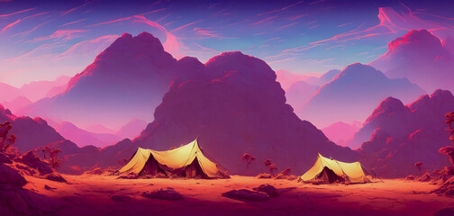 Fototapeta na wymiar military tents in the landscape, background illustration.