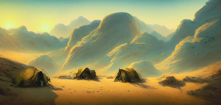 Military Tents In The Landscape, Background Illustration.