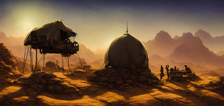 Military Tents In The Landscape, Background Illustration.