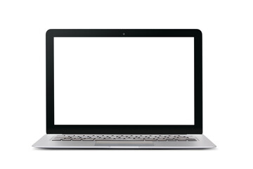 slim modern silver colored laptop with blank screen, isolated, front view with subtle shadow