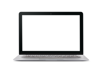 slim modern silver colored laptop with blank screen, isolated, front view with subtle shadow