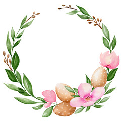 Watercolor farme of pink flowers, leaves and Easter eggs,  isolated on transparent background
