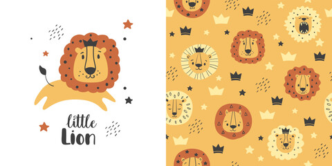 Animal pattern with  with little lion, seamless background for kids. Cute vector texture for childish bedding, fabric, wallpaper, wrapping paper, textile, t-shirt print