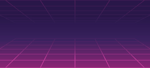 3d abstract 1980's retrowave, cyberpunk background with copy space, vector neon perspective grid