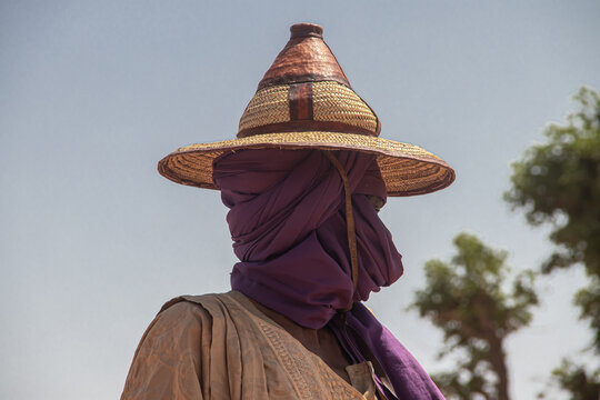 African tribes, Nigeria, Borno State, Maiduguri city. Fulani tribe traditionally dressed in colorful clothing 
