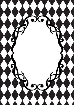 Decorative art nuovo blank frame on Alice in Wonderland style diamond checker pattern A4 vertical format with text place and space
