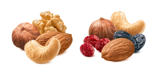 Cranberry, raisin, hazelnut, almond, walnut and cashew nut set isolated on white background