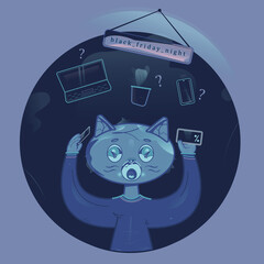 Advertising illustration devoted to the black friday day. Vector cat holding discount cards and thinking what things to buy. The kitten that is choosing among the laptop, the flower and phone.