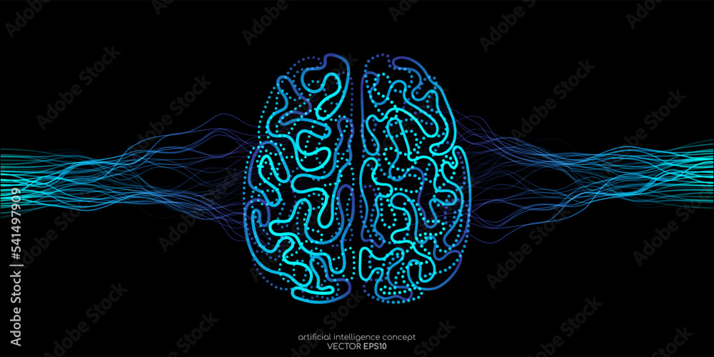 Poster Vector illustration left right human brain blue light and neural network wavy line isolated on black background in concept of A.I. artificial intelligence technology, machine learning, neuroscience