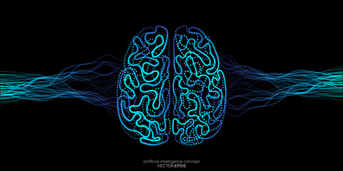 Vector illustration left right human brain blue light and neural network wavy line isolated on black background in concept of A.I. artificial intelligence technology, machine learning, neuroscience