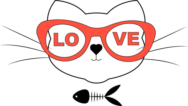 Cute cat with glasses and text love.