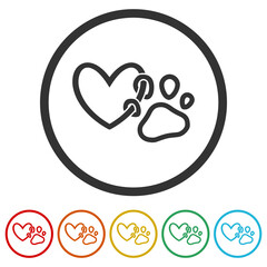 Obraz premium Paw print with a heart icon. Set icons in color circle buttons