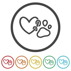 Paw print with a heart icon. Set icons in color circle buttons