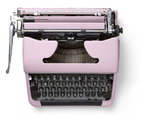 vintage pink typewriter with black keyboard, probably from the 1960s or 70s, isolated, top view /...