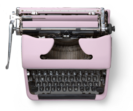 vintage pink typewriter with black keyboard, probably from the 1960s or 70s, isolated, top view / flat lay with subtle inner and outer shadow, so you can place it on different backgrounds