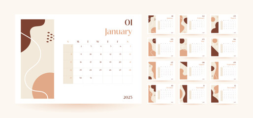 Monthly wall calendar 2023 template in trendy minimalist Style, cover concept, set of 12 pages desk calendar, 2023 minimal calendar planner design for printing template in beige