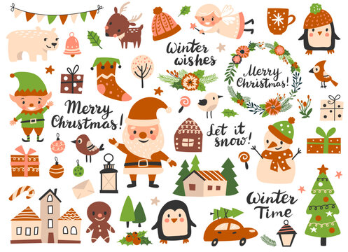 Christmas elements with Santa, elf, snowman, Christmas tree, wreath, and others. Perfect for scrapbooking, greeting card, party invitation, poster, tag, sticker kit. Hand drawn style.