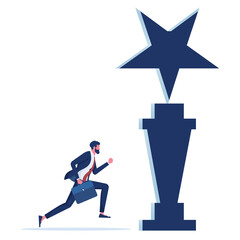 Businessman running to trophy exit door. Concept of career start up and business solution.