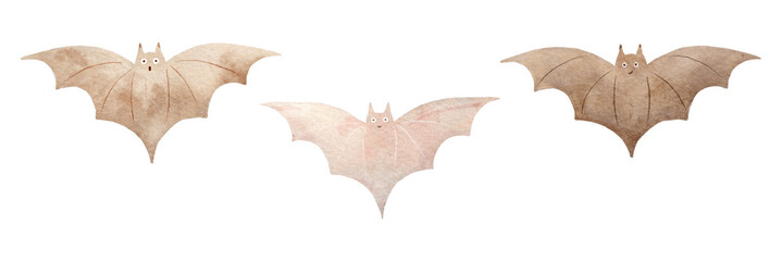 Watercolor halloween set of brown bats, isolated on transparent background