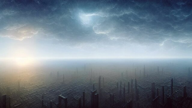 Animation of an oil painting of futuristic cityscape with a station in retro sci fi drawings. Digital image painted alien planet in surreal style.
