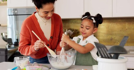 Family, cooking and child learning baking fun skills development activity and bonding in kitchen at home. Happy mother, kid smile and mom teaching to bake cake recipe, support and trust relationship