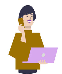 Illustration of a woman with a laptop and phone. A girl works with computer and smartphone, businesswoman looks at a screen, a wife watches an internet site, happy about an information.