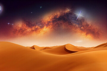 Fototapeta na wymiar Milky Way and Orange light on desert sand dunes,Night colourful landscape with Starry sky,Beautiful Universe with Space background of galaxy. illustration