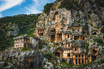 The rock cut tombs in Myra Ancient City. Lycian Tombs. Demre, Antalya, Turkey.