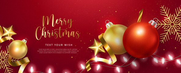 Merry Christmas composition 3D realistic red golden baubles decoration star ornaments and chain light