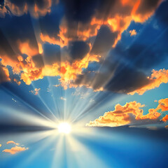 Beautiful sky with clouds and sunrays illustration