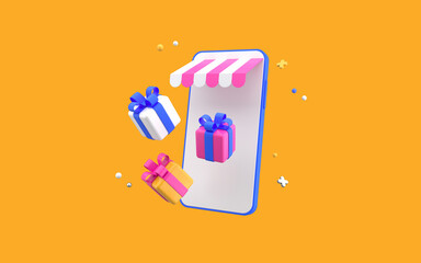 Shopping concept with phone and gift boxes flying from smartphone screen. 3d rendering on yellow background.