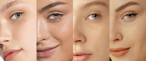 Collage. Close-up portraits of beautiful female faces with perfect smooth skin, grey eyes. Natural...