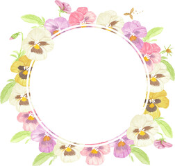 Fototapeta na wymiar watercolor pansy flower bouquet wreath frame