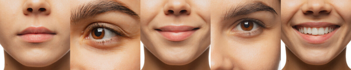 Obraz premium Collage. Cropped female body parts of shoulder, lips, eye and cheek. Perfect smooth, tanned skin