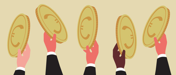 Euro coin in hands of businessman, flat vector stock illustration is isolated as concept of foreign exchange market