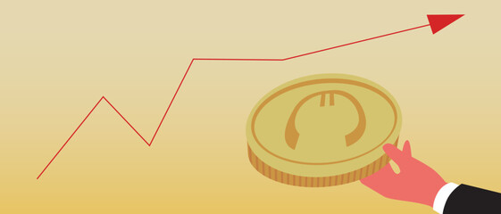 Growth of euro currency rate, coin in hand and up arrow, flat vector stock illustration isolated