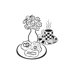 Hand drawings of vector stovetop coffee cup and vase with flowers