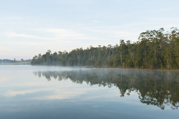 Fototapeta na wymiar Beautiful nature and fog on the reservoir in Khao Yai National Park Thailand 