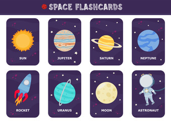 Vector Space flash cards set. English language game with cute astronaut, rocket, planet, comet, alien for kids. Astronomy flashcards with funny characters. Simple educational printable worksheet