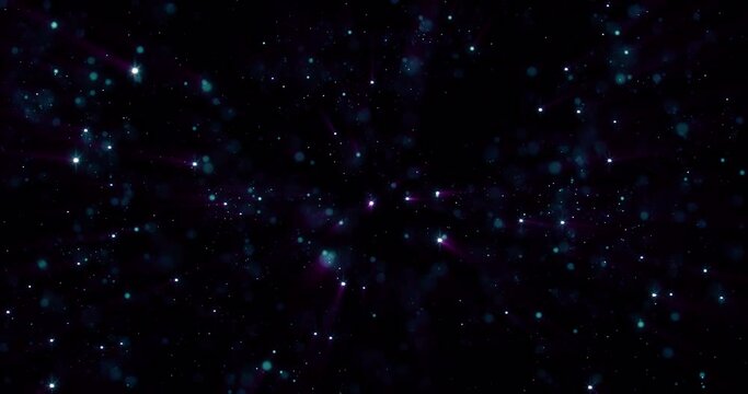 Purple and blue beautiful bright glowing shiny star particles flying in the galaxy in space energy magical with blur effect and bokeh. Abstract background, intro, video in high quality 4k