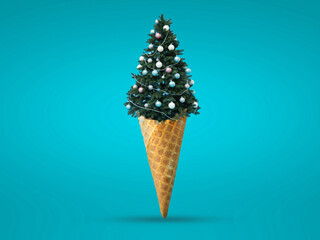 Christmas tree in ice cream shape idea with cone, merry christmas, happy christmas concept - Powered by Adobe