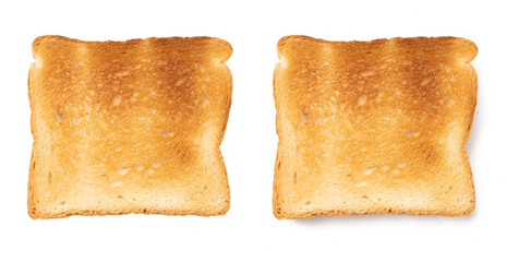 Set of sliced roasted toasts bread isolated on white background. Pieces of lightly toasted white bread. Close-up of toast. Top view.
