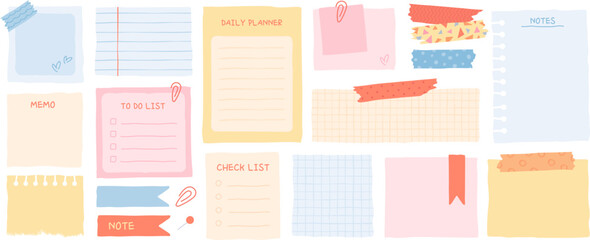 Cute paper notes for daily planner, hand drawn notebook sheets doodles. Washi tape with cute patterns, to do list, memo sheet stickers, blank diary decor elements vector set
