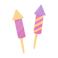 Pyrotechnics rocket on white background. Equipment for fireworks festival or holiday. Feast petard for festival celebration. Festive decoration for Diwali holiday vector cartoon