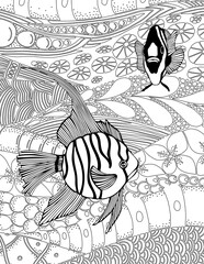 Seascape. Fish under water. Black and white Landscape. Sea coloring book.