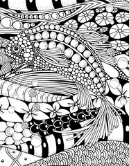 Seascape. Fish under water. Black and white Landscape. Sea coloring book.