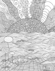 Seascape with waves and sun. Black and white Landscape. Sea coloring book page.