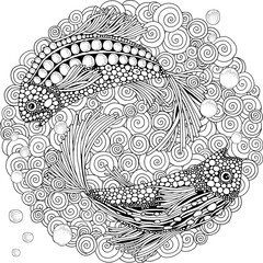 Seascape. Fish under water. Black and white Landscape. Sea coloring book.